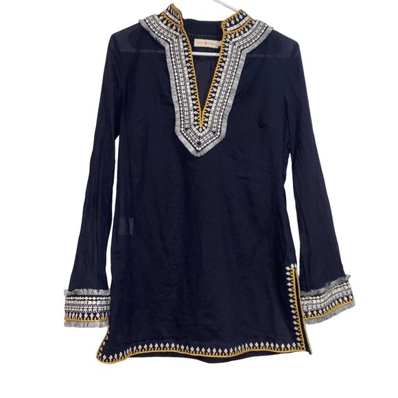 Tory Burch Embroidered Fringe Collar Tunic Top SZ 2 Navy Blue Summer Resort Wear - Picture 1 of 6